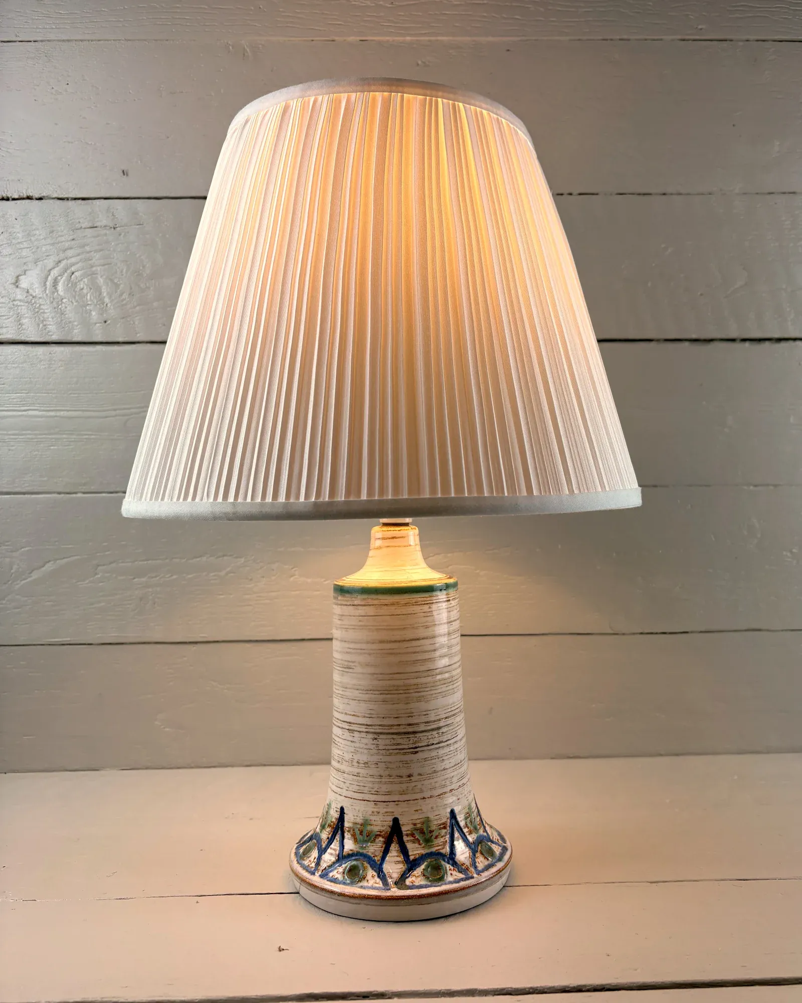 Danish Soholm stoneware table lamp by Arne Finne, 1960s, lit, with a pleated shade for illustration only