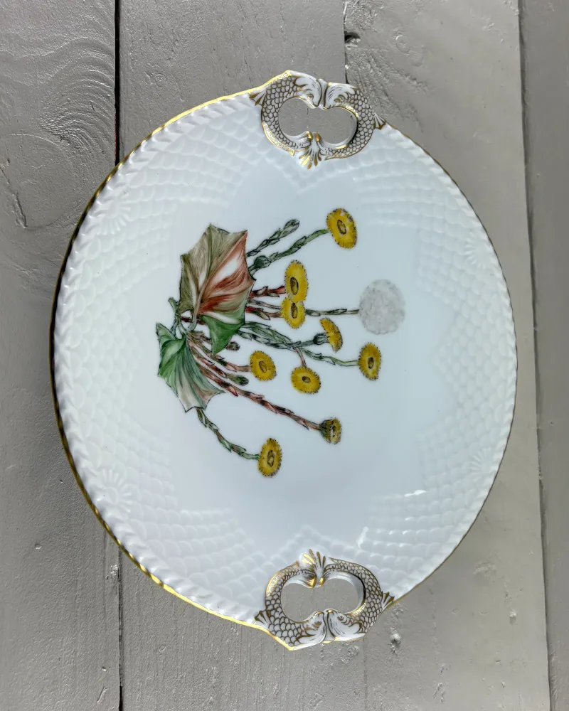 Bing & Grondahl Seagull porcelain cake plate with coltsfoot decoration and two fish handles, top view