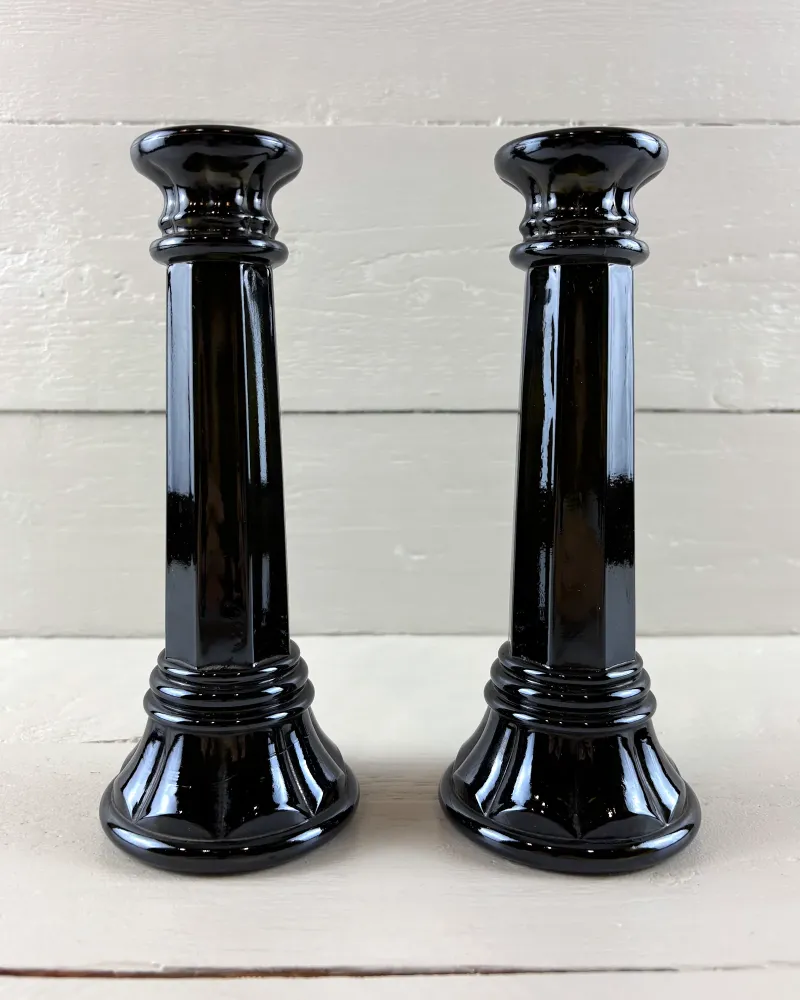 Vintage Pair of Black Pressed Glass Column Candlesticks with Starburst Base