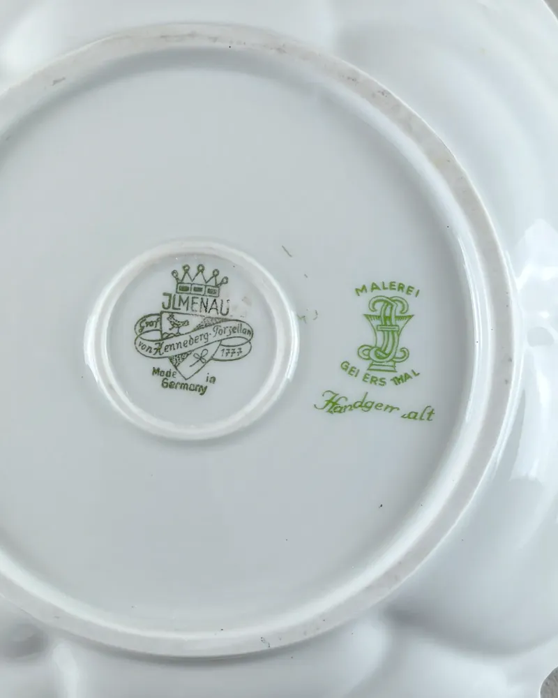 Crowned Ilmenau mark reading Graf von Henneberg-Porzellan 1777, Made in Germany, beside a Malerei Geiersthal stamp