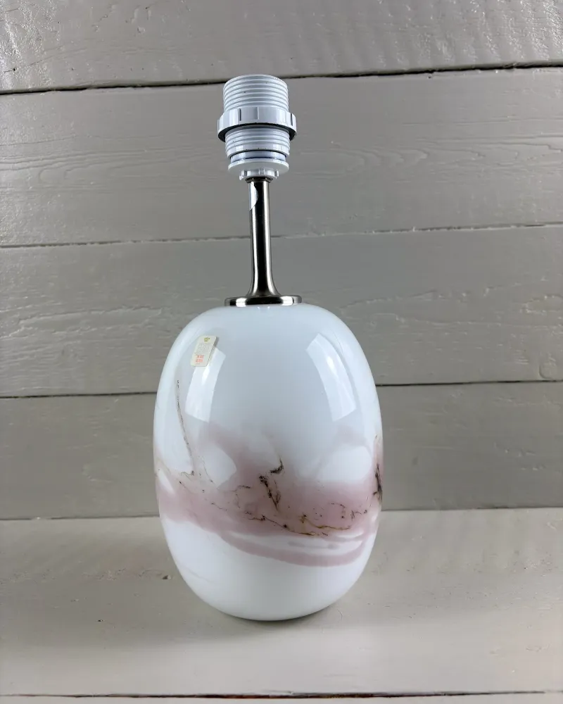 Holmegaard Sakura pink glass lamp base by Michael Bang, three-quarter view with paper label