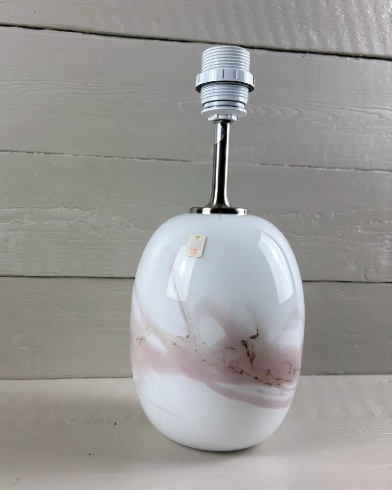 Michael Bang Sakura lamp base for Holmegaard, pink and brown streaks in white glass, left angle