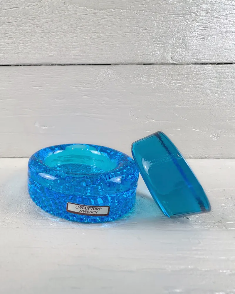 1970s Swedish Mantorp Two-Piece Blue Glass Paperweight with Studded Base