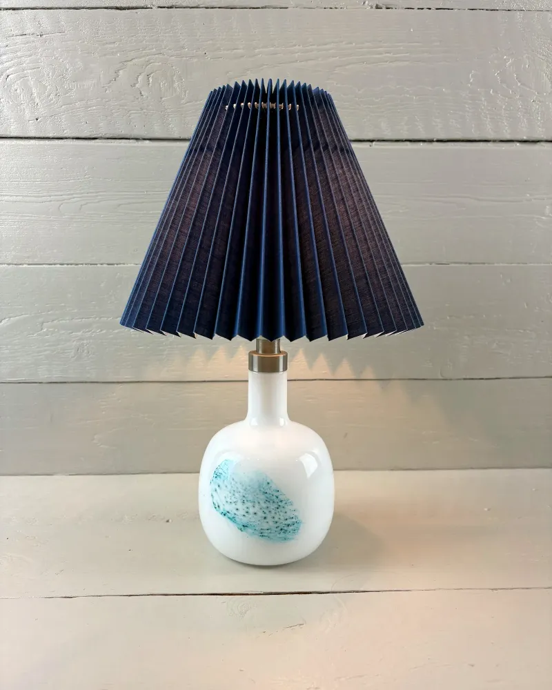 1980s Danish Michael Bang for Holmegaard White Opal Glass Table Lamp with Turquoise Decoration