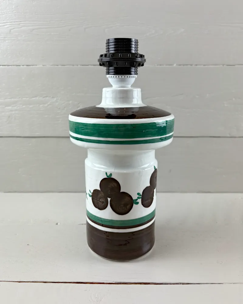 Rorstrand hand-painted ceramic lamp base turned to show the brown fruit motif and green stripes on white glaze