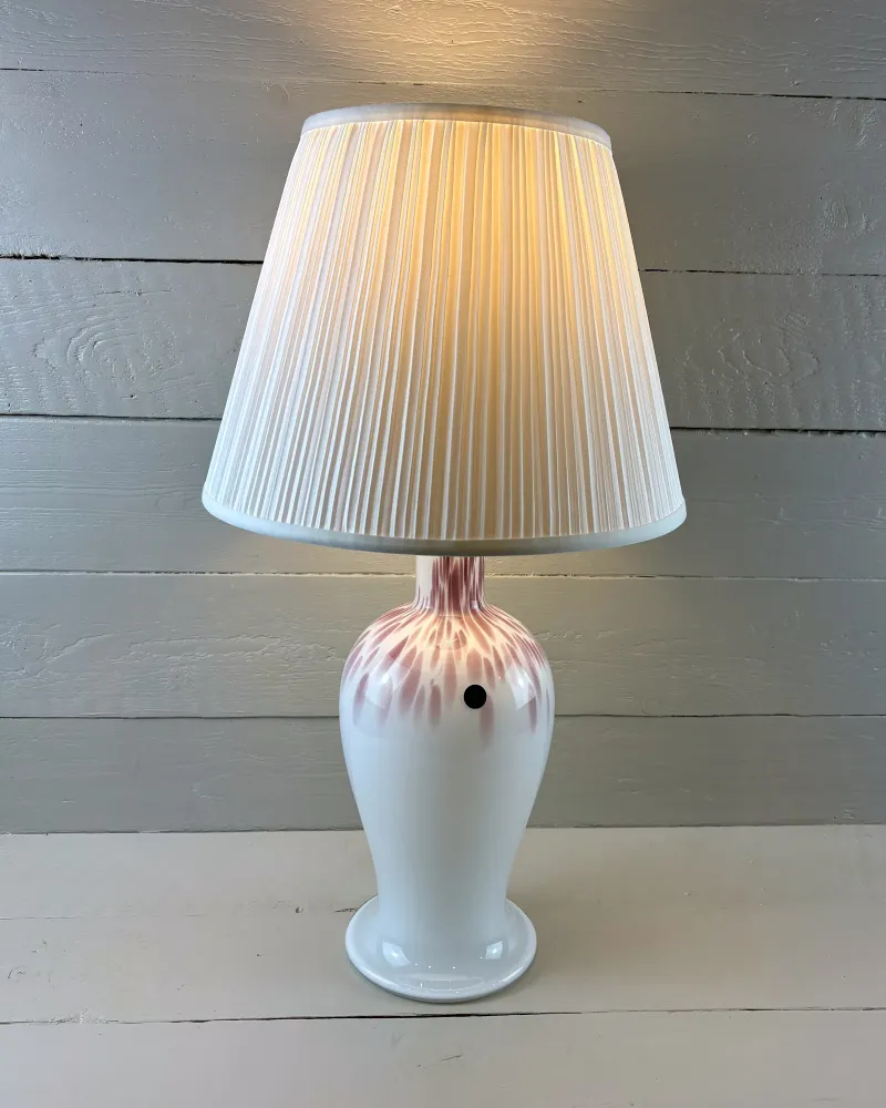 Royal Copenhagen Torino lamp in white opal glass, turned view with the round label on the shoulder