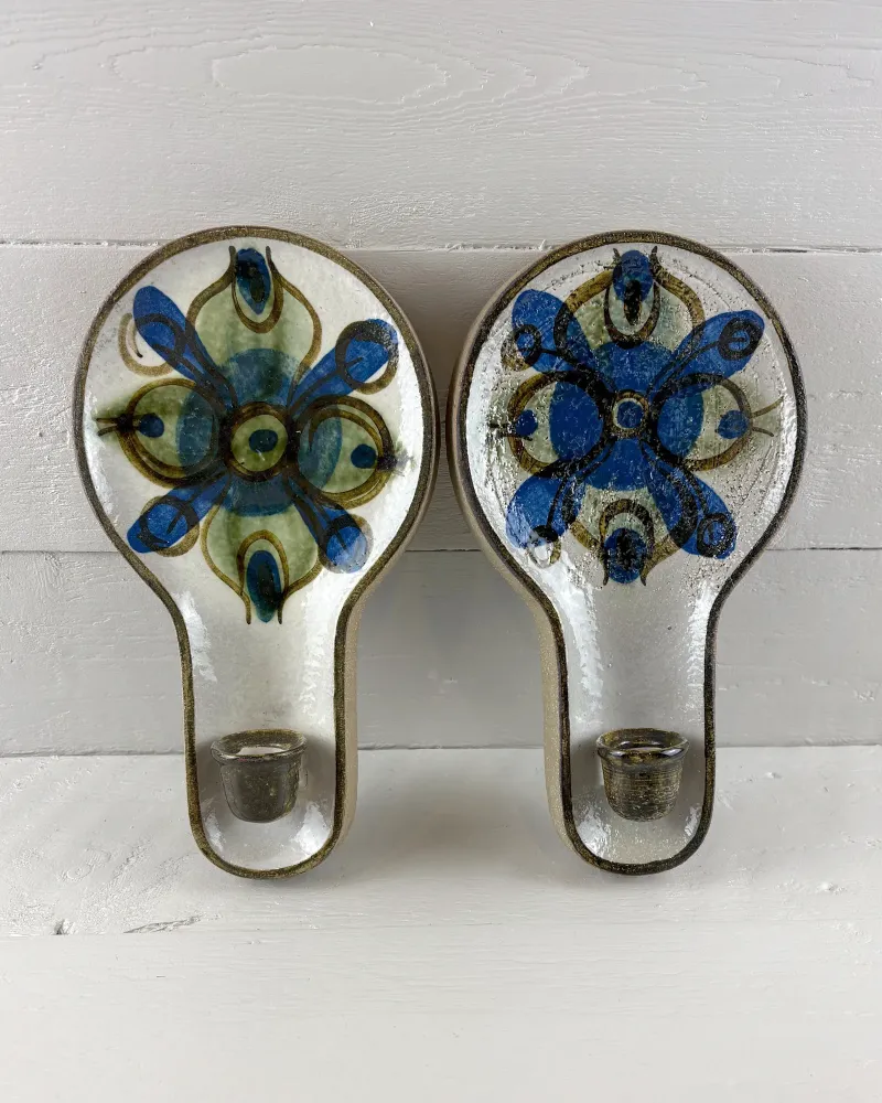 1970s Danish Noomi Backhausen & Poul Brandborg for Soholm 3220 Wall Candle Holders, Hand-Painted Stoneware, Pair