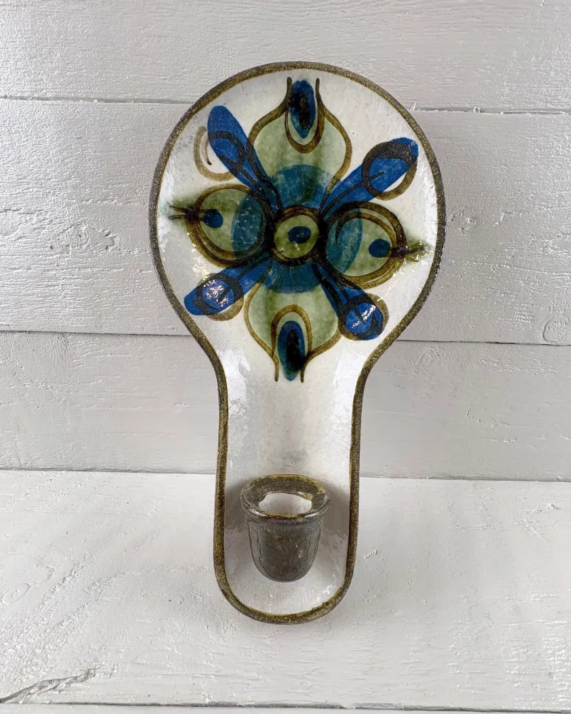 Single Soholm 3220 stoneware wall candle holder with green and blue floral decor and candle cup