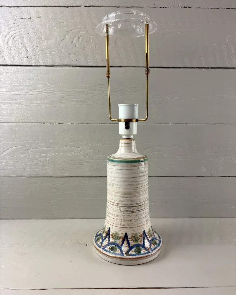 Danish Soholm stoneware table lamp base with brass harp, front view without a shade