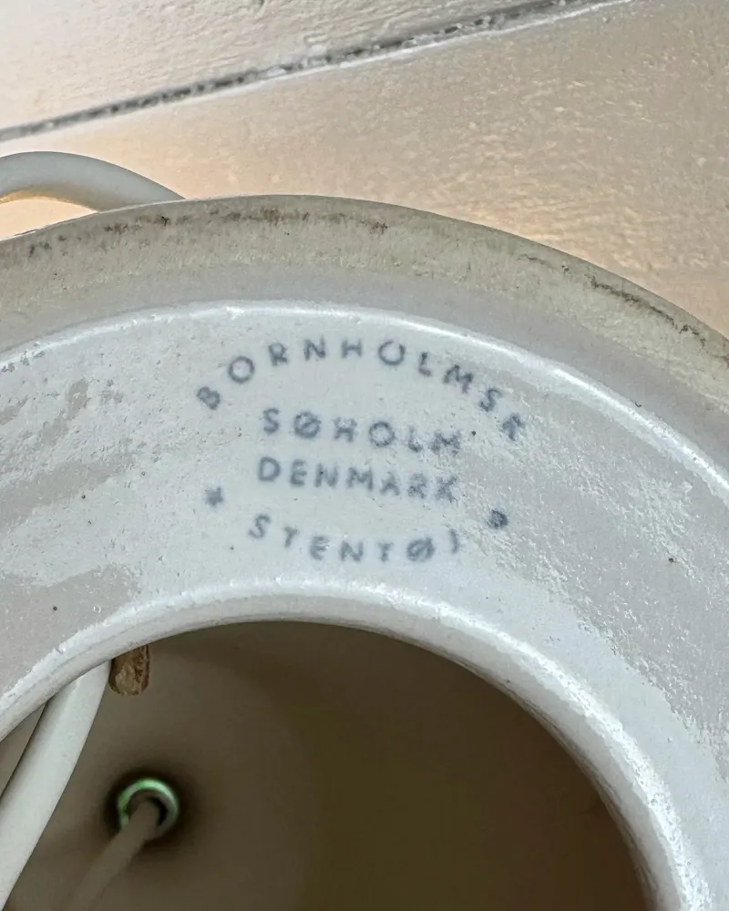Factory stamp reading Bornholmsk, Søholm, Denmark, Stentøj on the underside of a Soholm lamp