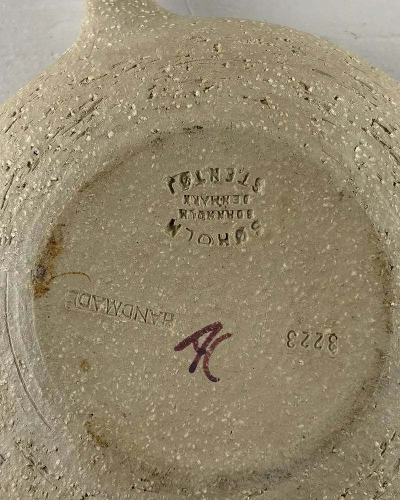 Underside of a Soholm candle holder with impressed Soholm Bornholm Denmark Stentoj mark, Handmade and 3223