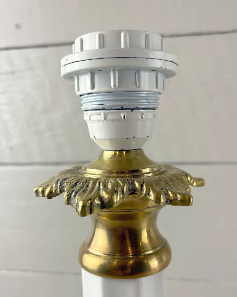 Cast brass leaf cap and white socket of a Soholm Heiberg porcelain table lamp, shade removed